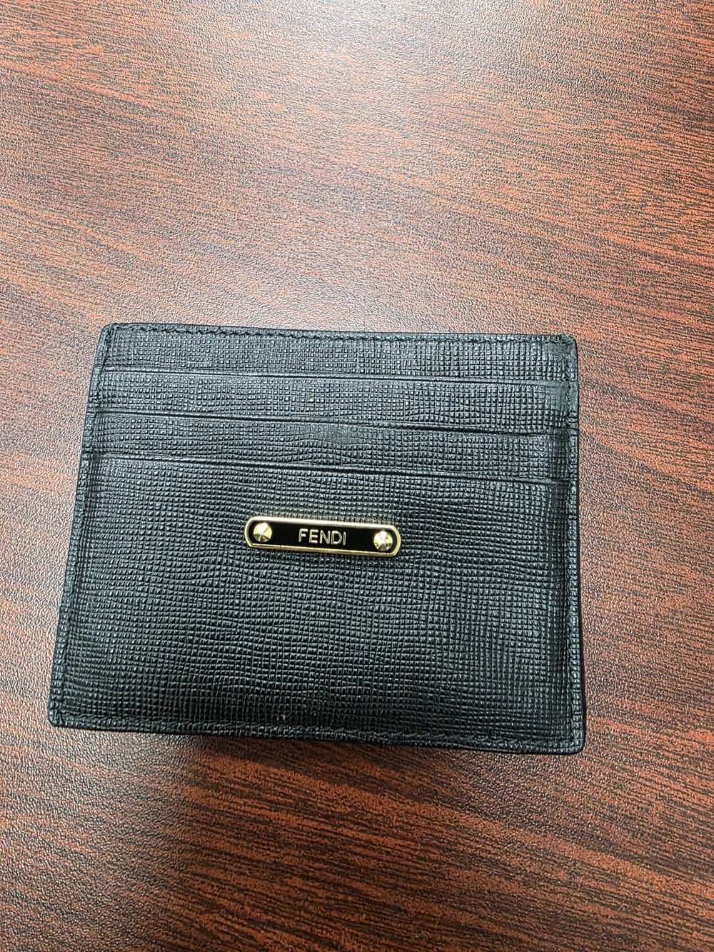 Fendi Black Leather Card Holder with Gold Plaque